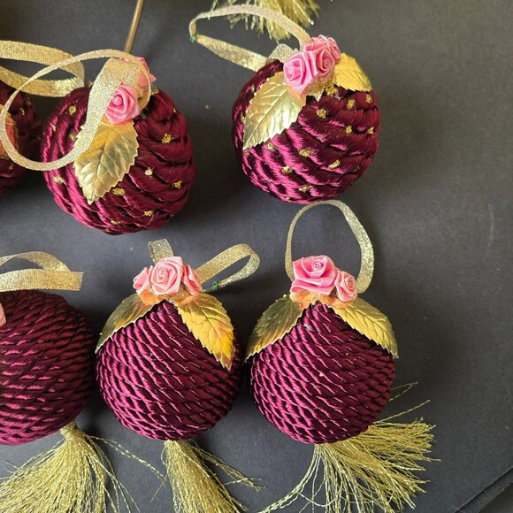Set Of 11 Burgundy Gold Rose Tassel Christmas Ornaments Fabric Wrapped Elegant - Picture 2 of 8